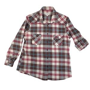 MATCHSTICK Women's Flannel Plaid Shirt Long Sleeve Button Up XL Brown Red Blue